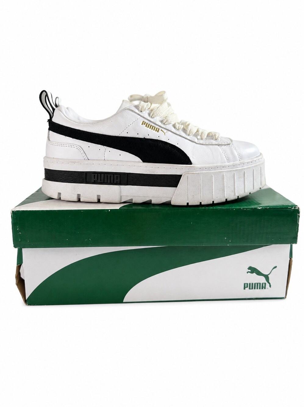 Puma Mayze Lth Platform Sneakers White Black Leather Women’s Size 7.5 381983-01